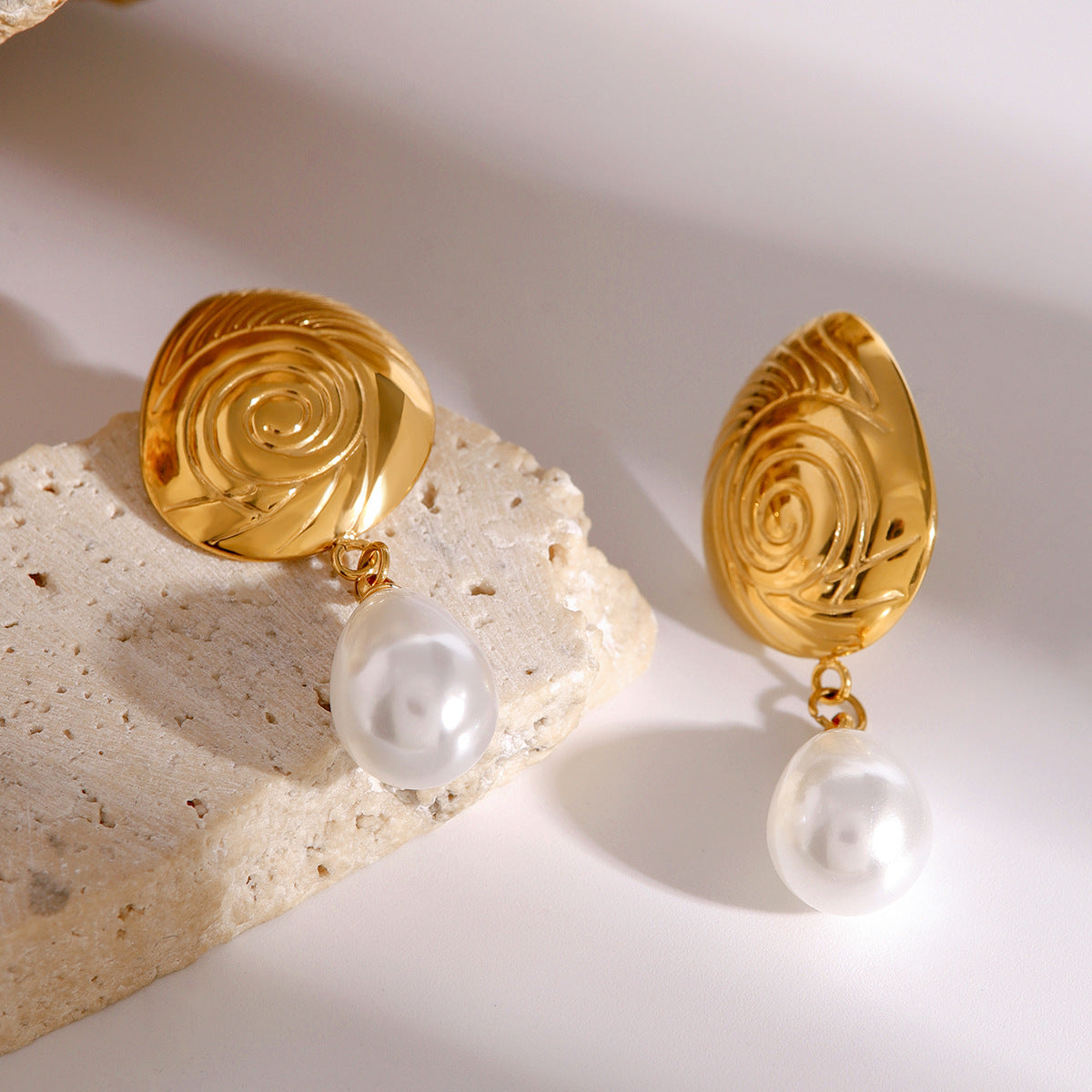 Oceanic Swirl Gold Freshwater Pearl Drop Earrings